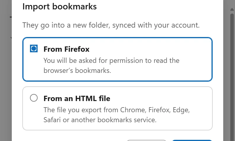 Importing bookmarks from the browser or from an HTML file